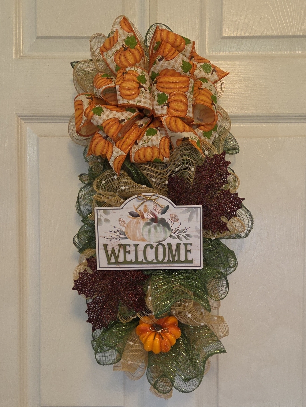 Fall Autumn Pumpkin Welcome Door Swag Hanger - Orange & Green